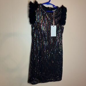 Grace Karin Girls Sequin Dress Short Flutter Sleeve Black Rainbow Midi